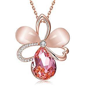 Women Rose pendant necklace with cubic zirconia crystals with unique plated stainless steel jewelry gift of roses